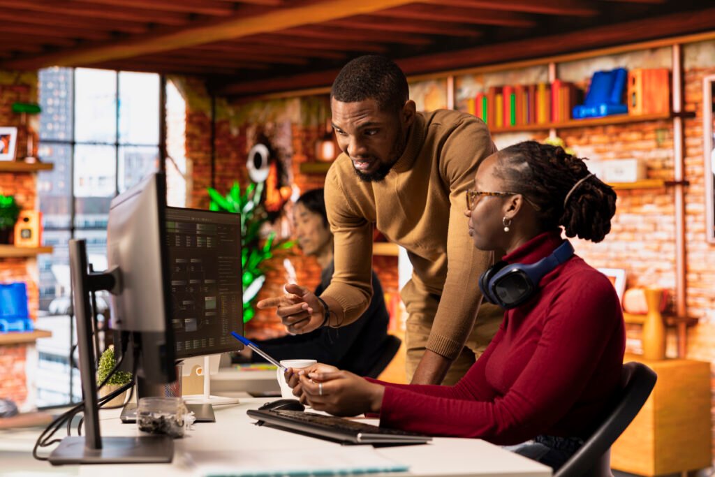 teamworking startups employees leveraging machine learning technology in office